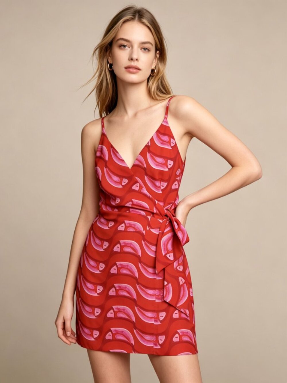 NWOT Farm Rio Linen blend Copabanana Wrap Mini Dress Red Pink Size L